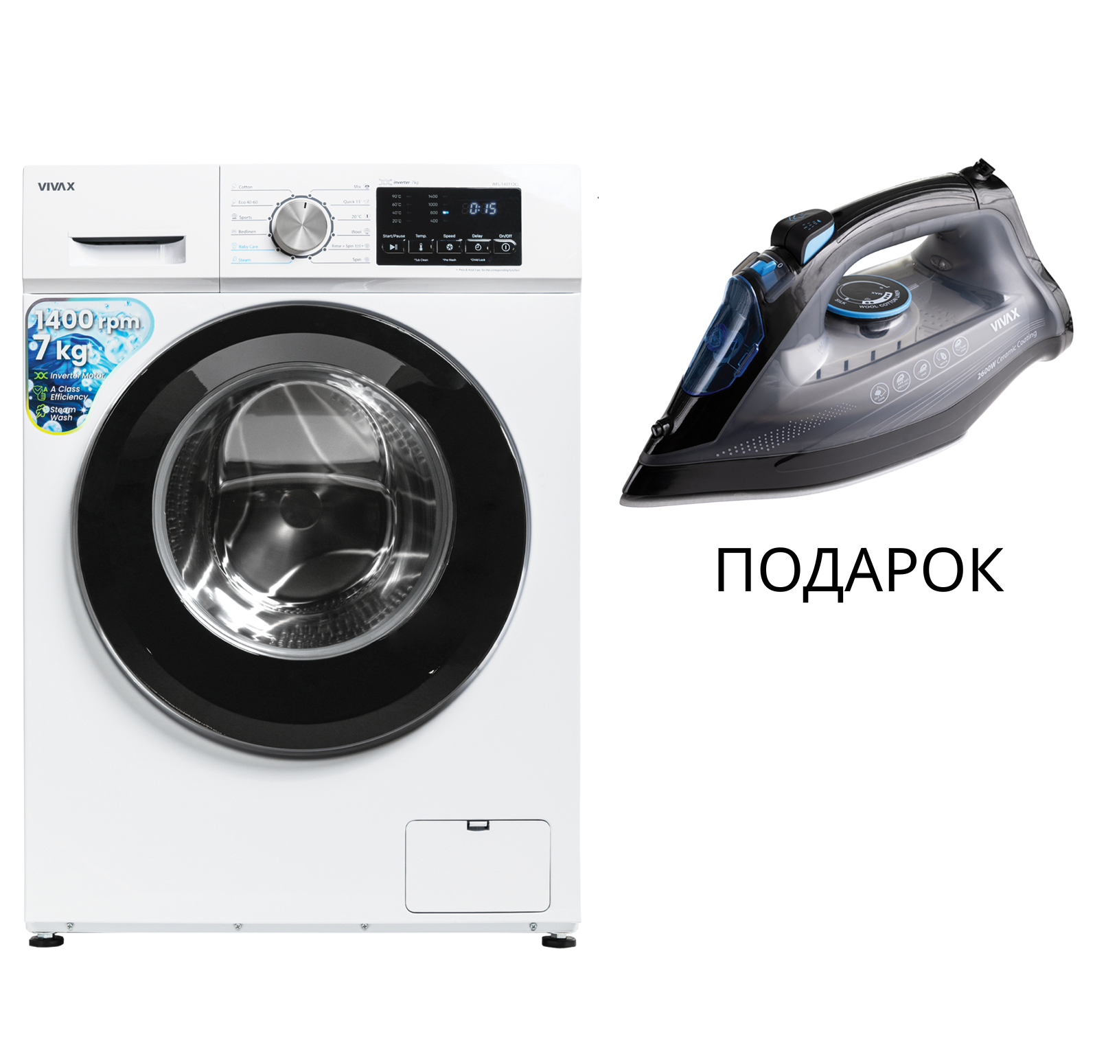 4-4 МАШИНА ЗА ПЕРЕЊЕ VIVAX WFL 140712CI+ПЕГЛА VIVAX IR2600CB - Image 1